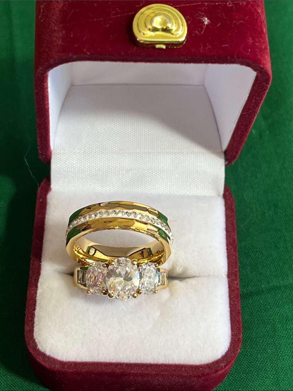 Gold Tone Triple Stone Cubic Zirconia wedding Ring set.Elegant White Sparkle